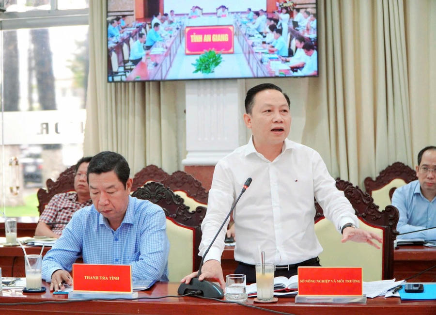 Ông Lê Hữu Toàn, Giám đốc Sở Nông nghiệp và Môi trường phát biểu tại cuộc họp