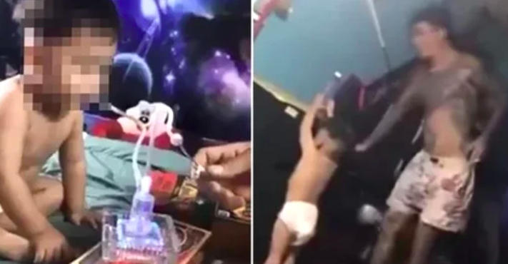 Bé 3 tuổi nghi bị cha dượng ép dùng ma tuý. (Ảnh cắt từ clip).