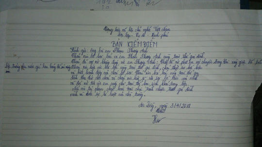 Bản kiểm điểm của giáo viên chủ nhiệm Nguyễn Thị Minh Hương (ảnh do gia đình cung cấp)