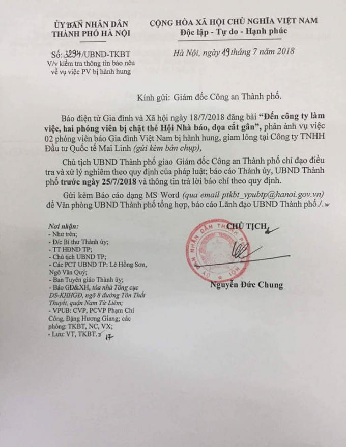 Chủ tịch UBND TP Hà Nội chỉ đạo điều tra, xứ lý nghiêm theo quy định của pháp luật.