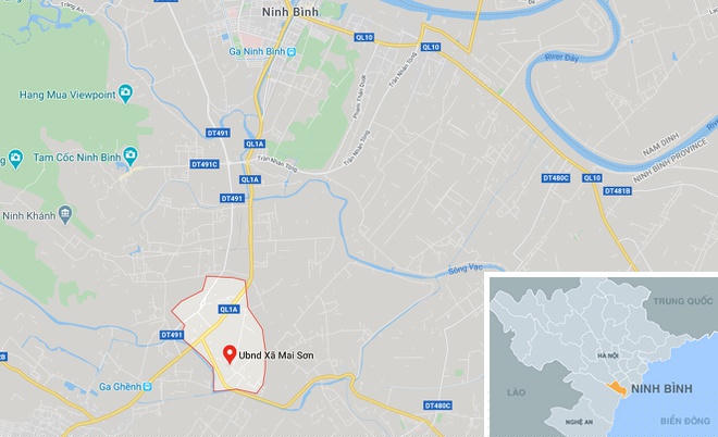 Tai nạn xảy ra trên quốc lộ 1, đoạn qua xã Mai Sơn, huyện Yên Mô, tỉnh Ninh Bình (khoanh đỏ). Ảnh: Google Maps.