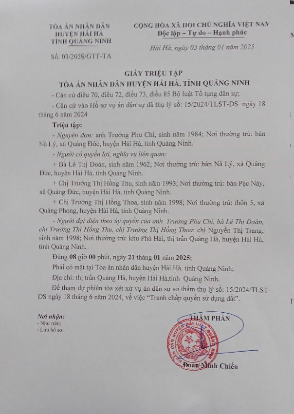 Giấy triệu tập đương sự của TAND huyện Hải Hà.