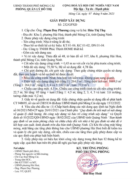 Giấy phép xây dựng được Phòng quản lý đô thị thuộc UBND TP Móng Cái cấp cho hộ gia đình ông Phạm Duy Phương xây dựng công trình là 5 tầng và 1 tum.