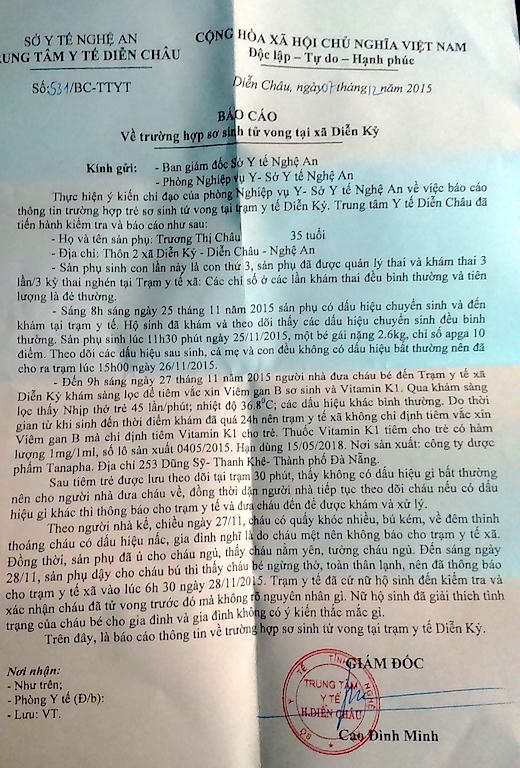 Báo cáo của Trung tâm Y tế Diễn Châu gửi Sở Y tế về vụ việc.