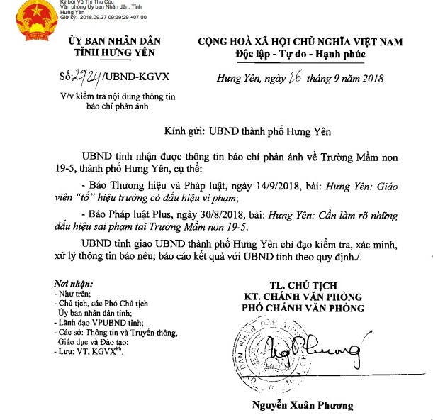 UBND tỉnh Hưng Yên đã ra văn bản số 24/UBND-KGVX chỉ đạo xác minh làm rõ những sai phạm tại trường mầm non 19-5.