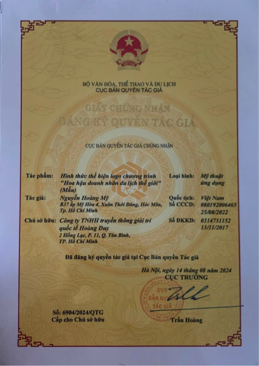 Bản quyền đăng ký cuộc thi Hoa hậu Doanh nhân Du lịch Thế giới 2025 do Cục Bản quyền Tác giả cấp.