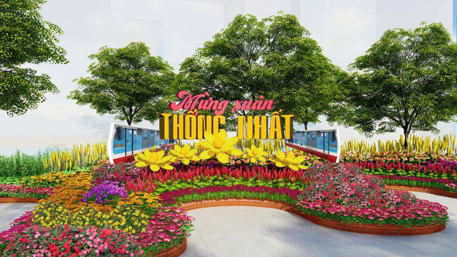 Tiểu cảnh chào mừng các ngày lễ lớn trong năm 2025 của đất nước rực rỡ sắc hoa.