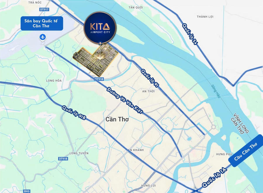 KITA Airport City nằm cách sân bay chỉ 3 km và kề cạnh các trục đường giao thông chính của Cần Thơ. (Ảnh: KITA Group).