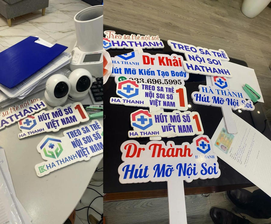 Công an thu được các biển quảng cáo, dụng cụ và tài liệu thu giữ tại cơ sở thẩm mỹ HT CLINIC. (Ảnh: CACC)
