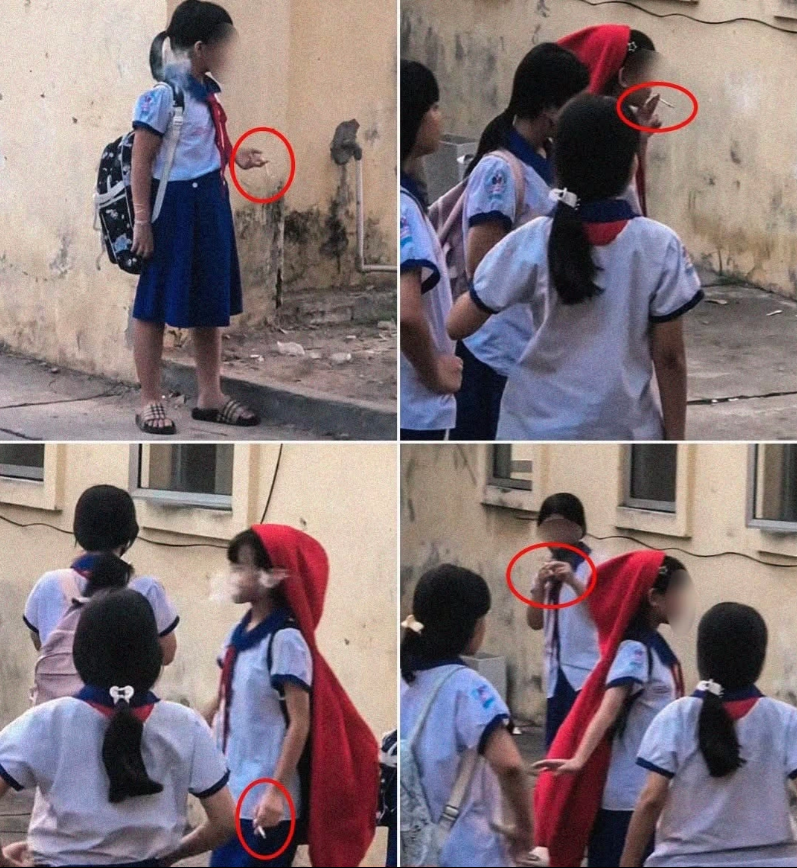 Nhóm học sinh tiểu học hút thuốc gây xôn xao (Ảnh: Cắt từ clip).