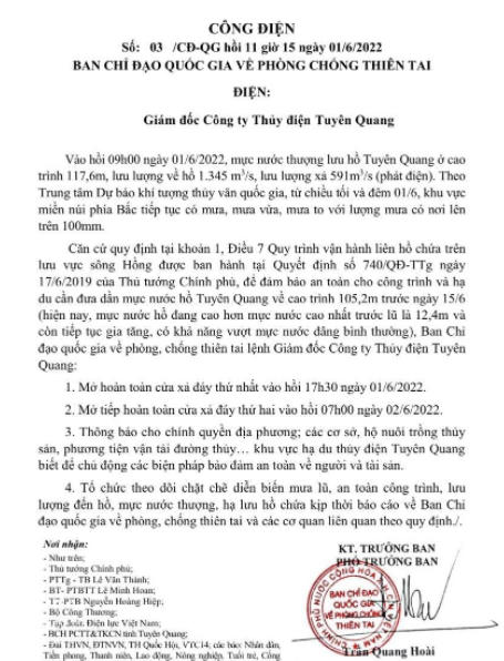 Ban Chỉ đạo Quốc gia về phòng, chống thiên tai ban hành Công điện số 03/CĐ-QG gửi Giám đốc Công ty Thủy điện Tuyên Quang