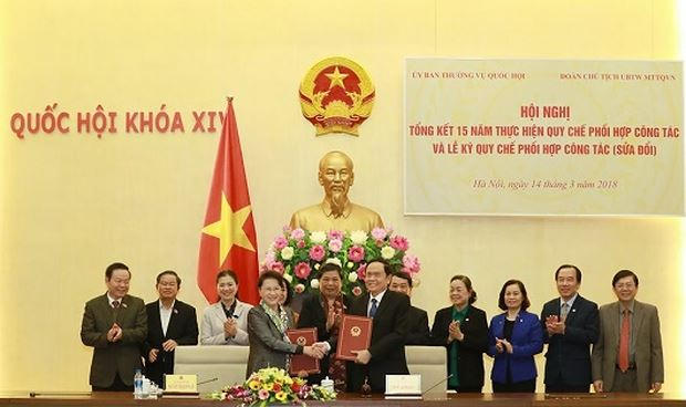 Chủ tịch QH Nguyễn Thị Kim Ngân và Chủ tịch UBTW MTTQ Việt Nam Trần Thanh Mẫn đã ký kết Quy chế phối hợp công tác (sửa đổi) của UBTVQH và Đoàn Chủ tịch UBTW MTTQ Việt Nam.