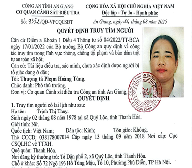 Quyết định truy tìm Trịnh Thị Thuỷ