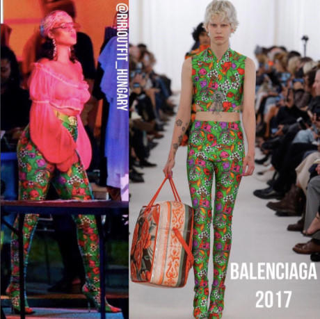 Dù diện trang phục đơn giản hay nổi bật thì thần thái vẫn là yếu tố quyết định sự thành công của Rihanna trong lĩnh vực thời trang. Bộ trang phục họa tiết của Balenciaga tương đối kén người mặc nhưng khi "qua tay" nữ ca sĩ đều trở nên đẳng cấp.