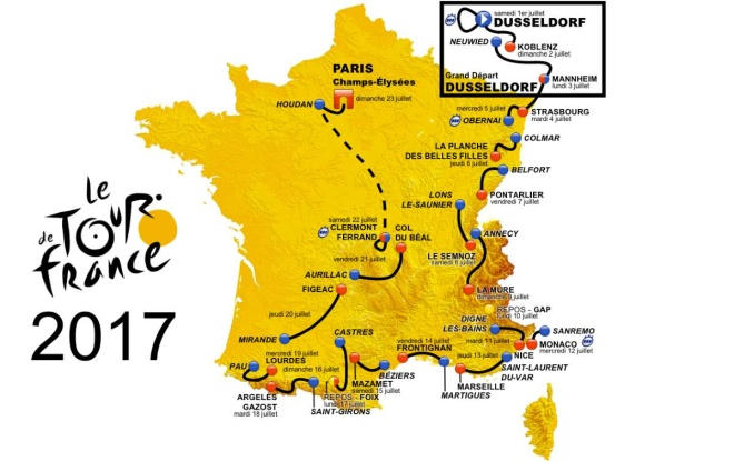 Tour de France - cuộc đua xe đạp đường trường khốc liệt nhất thế giới Vòng quanh nước Pháp - diễn ra từ ngày 1/7 đến 23/7. Đây là lần thứ 104 giải được tổ chức, bắt đầu tại Dusseldorf (Đức) và kết thúc tại Champs-Élysées, Paris.