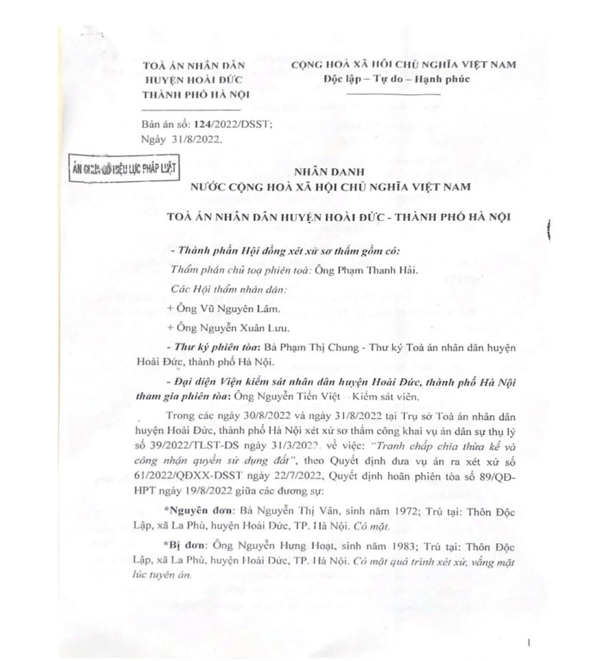 Bản án sơ thẩm của TAND huyện Hoài Đức.