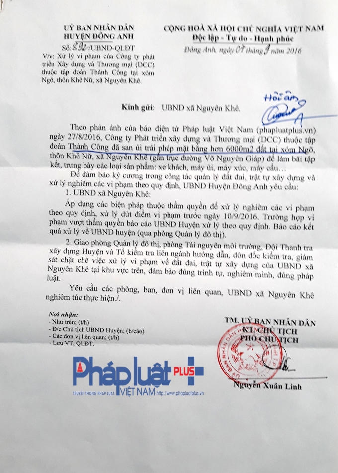 Văn bản UBND huyện Đồng Anh (Hà Nội) chỉ đạo UBND xã Nguyên Khê xử lý dứt điểm bãi tập kết xe trái quy định trên địa bàn.