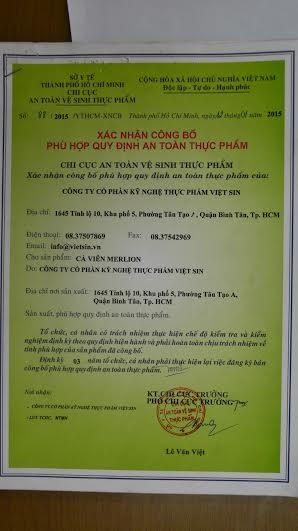 Xác nhận công bố hợp quy về sản phẩm cá viên của Chi cục ATVSTP TP HCM.