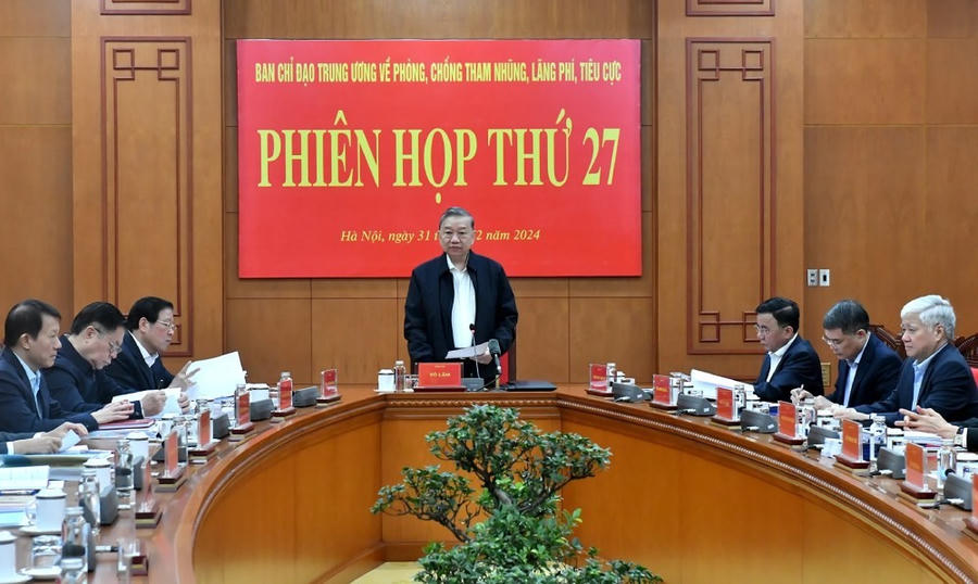 Tổng Bí thư Tô Lâm chủ trì Phiên họp thứ 27 của Ban Chỉ đạo Trung ương về phòng, chống tham nhũng, lãng phí, tiêu cực. (Ảnh: laodong.vn).
