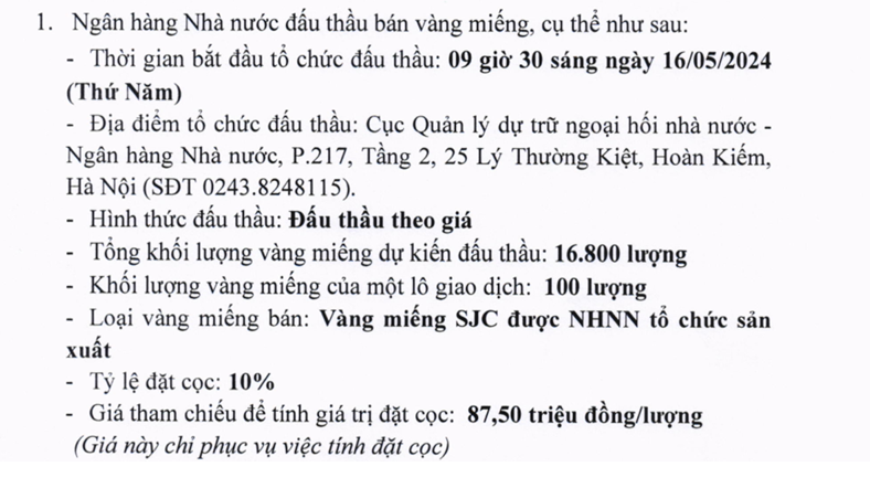 Thông tin về đấu thầu vàng miếng của Ngân hàng Nhà nước.