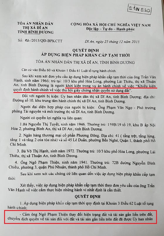 Quyết định số 01/2015/QĐ-BPKCTT của TAND thị xã Dĩ An cấm ông Ngô Phạm Thiện thay đổi hiện trạng đất một cách khó hiểu?