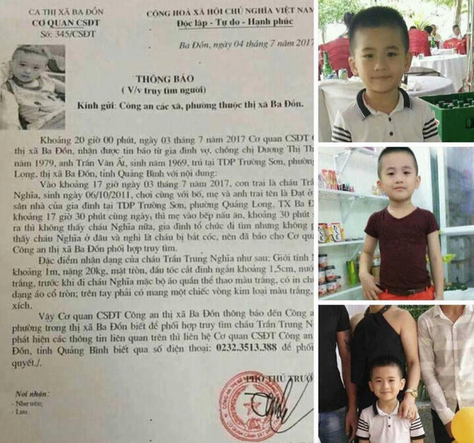 Thông báo tìm người và hình ảnh cháu Trần Trung Nghĩa trước khi mất tích. Ảnh GĐCC