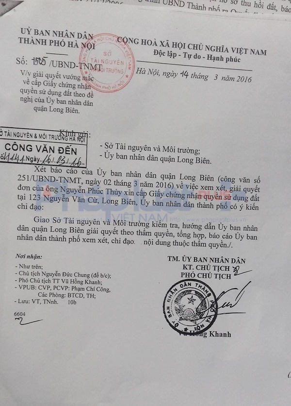 Ngày14/3/2016 UBND TP Hà Nội đã có văn bản số 1505/UBND – TNMT.