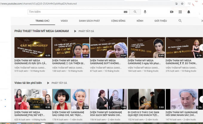 các dịch vụ của hệ thống thẩm mỹ Mega Gangnam đăng tải trên youtobe.