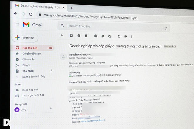 Một mẫu hồ sơ xin cấp giấy đi đường được gửi về hòm thư điện tử Công an phường Trung Hòa.