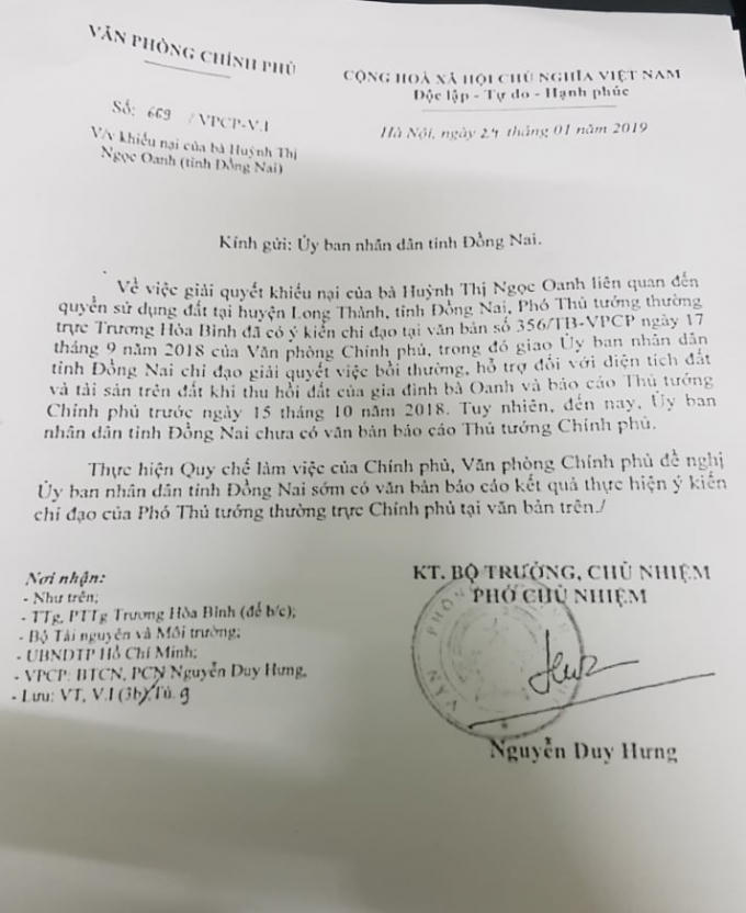 Văn bản chỉ đạo của Văn phòng Chính phủ đề nghị UBND tỉnh Đồng Nai thực hiện việc báo cáo kết quả thực hiện đối với việc bồi thường, hỗ trợ cho bà Oanh.