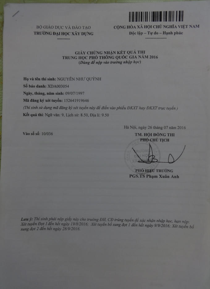 Giấy chứng nhận kết quả thi của em Nguyễn Như Quỳnh.&nbsp;