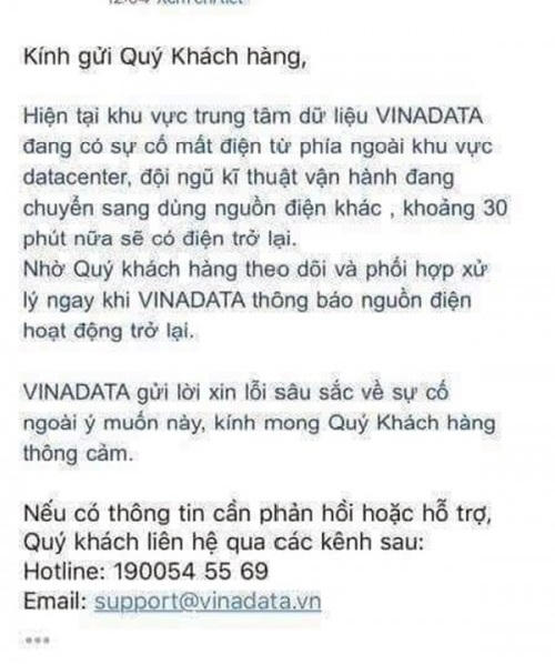Thông báo VNG đến khách hàng.