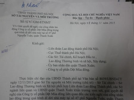 Văn bản 1575/ MG – STNMT mời họp của sở TN&amp;MT mời các sở ban ngành họp để giải quyết vấn đề tại Cty Dệt