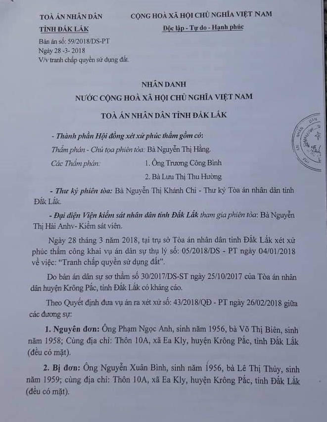 Bản án số 59/2018/DS-PT ngày 28/3/2018 đã bác đơn của ông Nguyễn Ngọc Anh gây cho ông bức xúc.