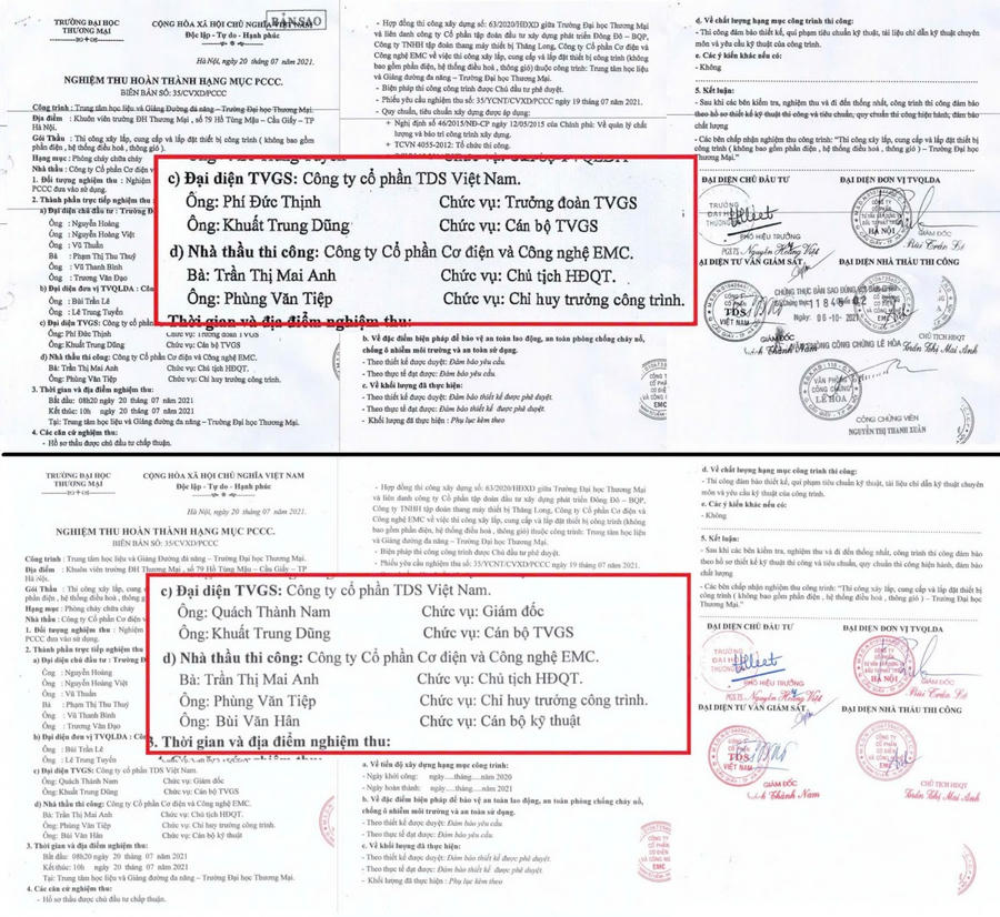 Hai biên bản nghiệm thu PCCC tại dự án của Trường Đại học Thương Mại được Công ty cổ phần cơ điện và công nghệ EMC sử dụng làm hồ sơ năng lực cần được chủ đầu tư và cơ quan chức năng làm rõ.