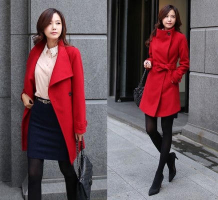 Chiếc áo khoác màu đỏ kết hợp với phụ kiện tông màu tối cũng là một gợi ý không thể bỏ qua trong dịp tết này. Ảnh: internet.