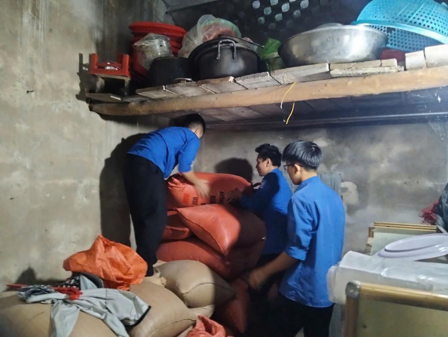 Kê các bao tải lúa lên cao để tránh ngập lụt.