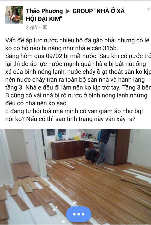 Cư dân phản ánh bất cập về áp lực nước trên nhóm Facebook của cộng đồng cư dân nhà ở xã hội Đại Kim.