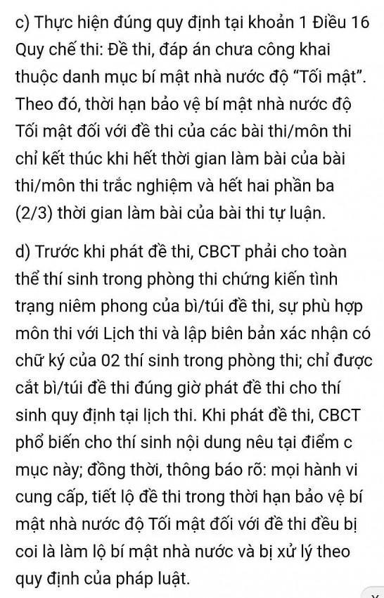Đến năm 2022, Bộ GD&ĐT mới ban hành Công văn số 1523/BGDĐT-QLCL (ngày 19/4/2022) về hướng dẫn tổ chức kỳ thi tốt nghiệp THPT, quy định mọi hành vi cung cấp, tiết lộ đề thi trong thời hạn bảo vệ bí mật Nhà nước độ “Tối mật” đối với đề thi ,đều bị coi là làm lộ bí mật Nhà nước và bị xử lý theo quy định của pháp luật.