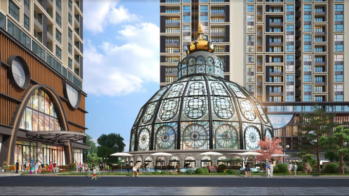 Lâu đài thủy kính tại lõi trung tâm cảnh quan của Hinode City do West Green Design thiết kế.