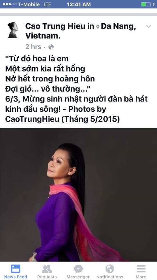 Những dòng chia sẻ của đạo diễn Cao Trung Hiếu gửi tới danh ca Khánh Ly nhân sinh nhật lần thứ 71 của bà.