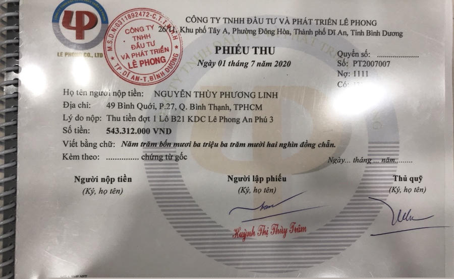 Phiếu thu cho thấy Công ty Thiên An đã tiến hành thu tiền khách hàng thông qua hình thức đặt chỗ ưu tiên, hợp đồng chuyển nhượng.