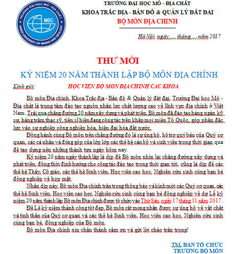 Thư mời dự lễ kỉ niệm thành lập 20 năm bộ môn địa chính