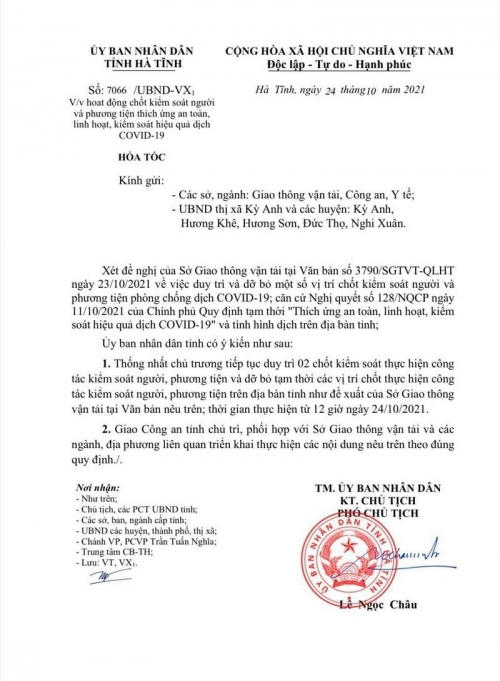 Tỉnh Hà Tỉnh chỉ còn duy trì 2 chốt kiểm soát trên địa bàn