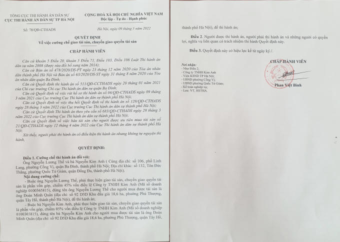 Quyết định cưỡng chế, chuyển giao quyền tài sản toàn bộ tài sản đối với vợ chồng ông Nguyễn Lương Thế.