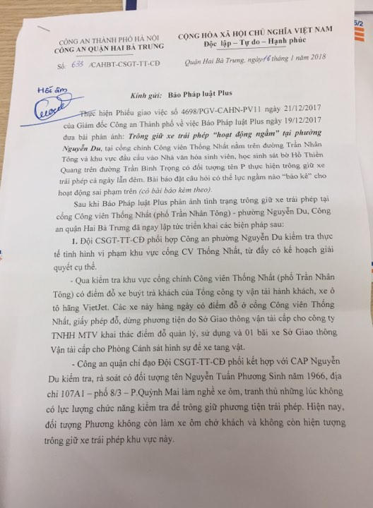 Công an quận Hài Bà Trưng gửi công văn đến đến Tòa soạn Pháp luật Plus về việc giải quyết việc trông giữ xe trái phép tại phường Nguyễn Du sau khi báo nêu.