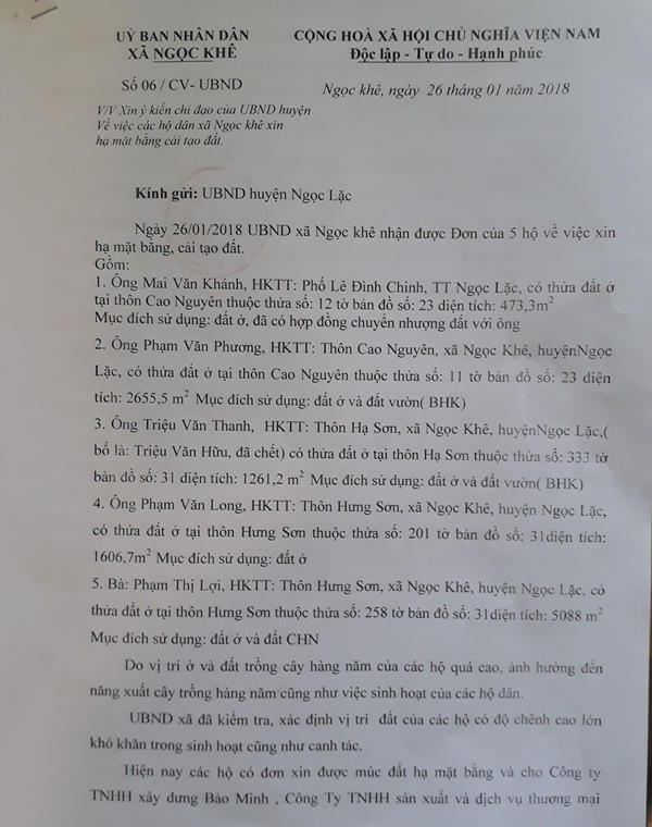 UBND xã có văn bản xin ý kiến huyện để cho Doanh nghiệp lấy đất trái quy định. Ảng: Nguyệt Chi