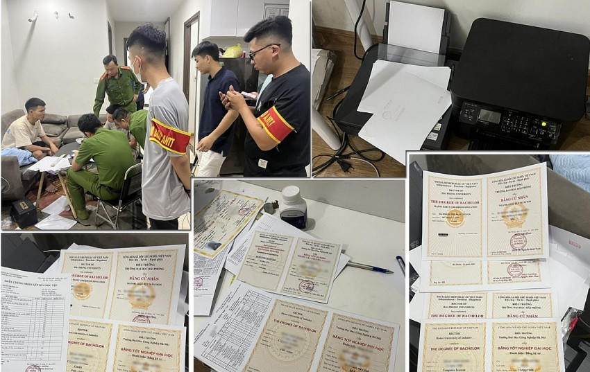 Lực lượng công an khám xét và thu giữ nhiều tài liệu, văn bằng giả.