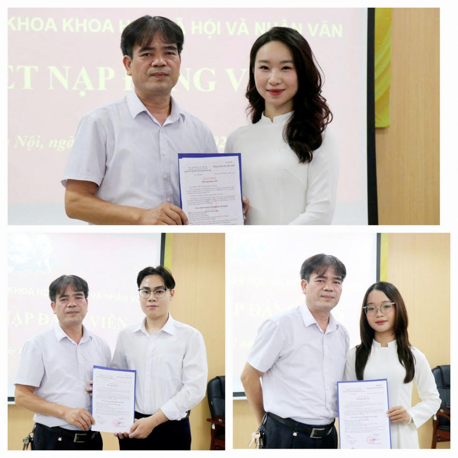 Bí thư chi bộ Khoa Khoa học xã hội và Nhân văn Vũ Công Hảo trao quyết định kết nạp Đảng viên của Đảng ủy Trường Đại học Thủ Đô cho 3 quần chúng ưu tú gồm Nguyễn Trâm Anh (trên cùng), Nguyễn Mậu Nhật Minh (bên trái), Ngô Khánh Linh (bên phải) vào Đảng Cộng sản Việt Nam.