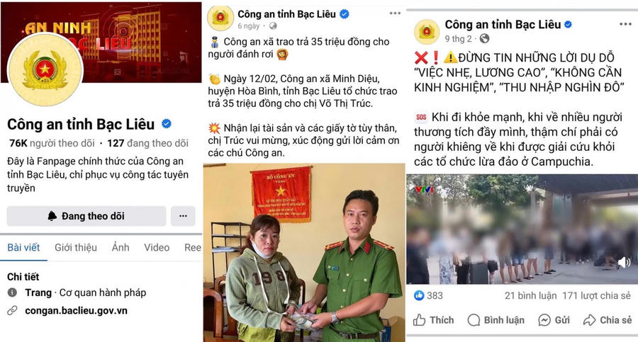 Fanpage chính thức của Công an tỉnh Bạc Liêu thu hút nhiều lượt theo dõi.